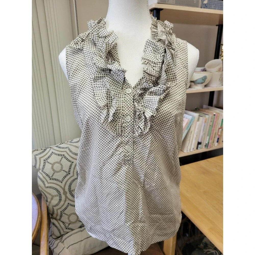 J.CREW White/Blue Geometric Silk V-Neck Sleeveless Ruffle Button Blouse 6